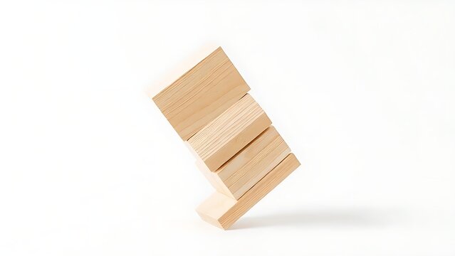 Tilted wooden block tower about to collapse on a clean background.