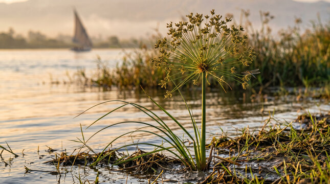 Papyrus plant growing by the calm nile river at sunrise with golden light and soft ripples