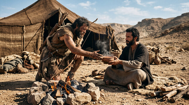 Esau trading his birthright to his brother Jacob for a bowl of red lentil stew after returning exhausted from the fields