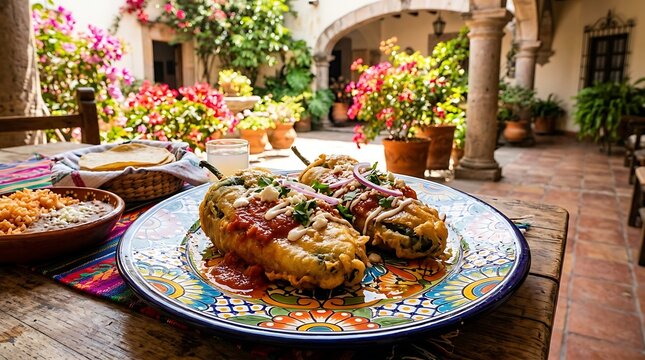 Traditional Mexican Chiles Rellenos Served in a Sunny Colonial Courtyard