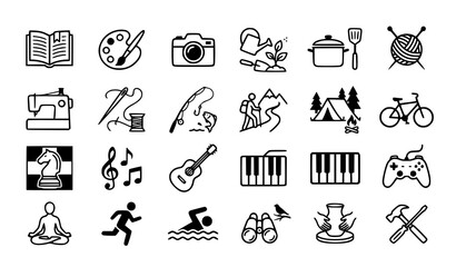 Fototapeta premium Set of black and white hand drawn hobby and leisure activity icons for creative projects and design