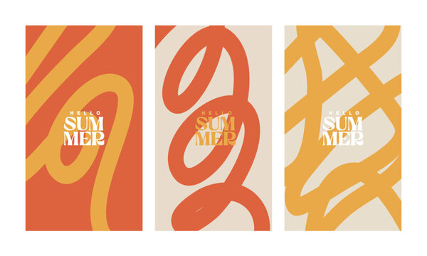 A creative concept for a bright and fresh summer card set. Modern abstract art design featuring shapes and wavy lines. Templates for celebrations, advertisements, branding, banners, covers, labels, po