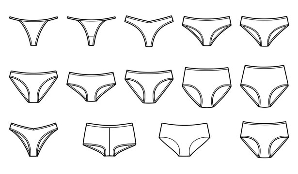 Set of various female underwear styles including thongs and briefs isolated on a white background