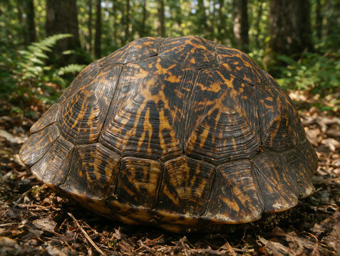 Close-up of turtle shell patterns in natural forest light