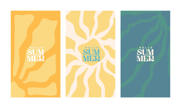 A creative concept for a bright and fresh summer card set. Modern abstract art design featuring shapes and wavy lines. Templates for celebrations, advertisements, branding, banners, covers, labels, po