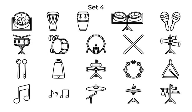 Collection of hand drawn musical percussion instruments and musical notes in a simple doodle line art style