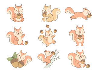 Obraz premium cute cartoon squirrel character collection with acorns in various playful activities and poses.