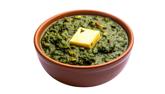A serving of rich green saag topped with a melting butter cube, vibrant texture and authentic spices, isolated on transparent background, PNG