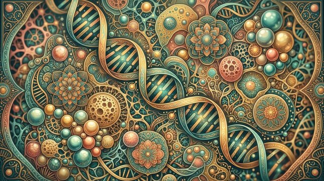Intricate DNA double helix illustration in vintage steampunk style, ornate biological cell structure with teal and copper filigree, decorative genetic science background