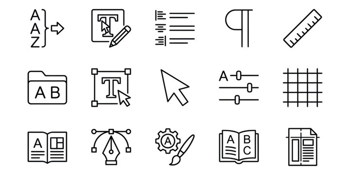 Set of fifteen thin line icons representing various typography tools and graphic design text editing features