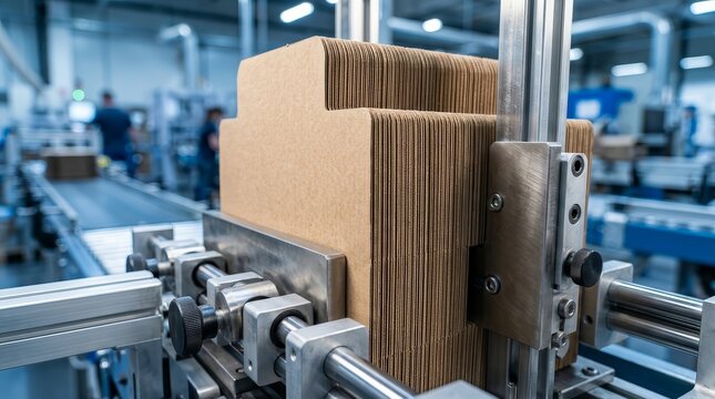 Cardboard box elements are collected in a stack on an automated production line.