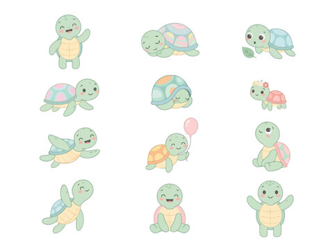 A collection of cute baby turtles in various playful poses and activities.