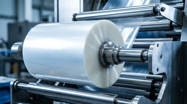 Industrial machine with a roll of polyethylene plastic film in a factory.