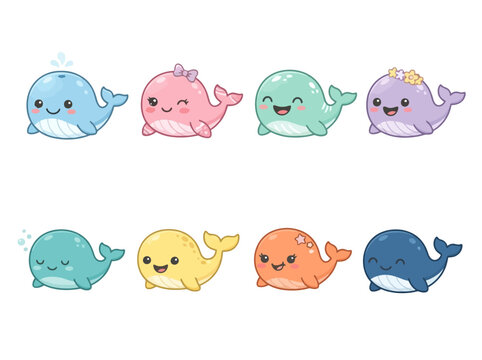 A collection of cute cartoon whales in various colors.