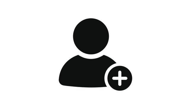 Minimalist black user profile silhouette icon featuring a small plus sign for adding new contacts in a clean digital style