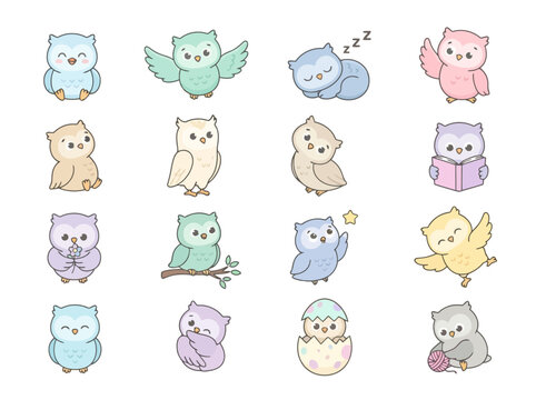 cute cartoon owl character collection in various poses and pastel colors.