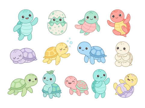 cute cartoon baby turtles collection with various colors and poses.