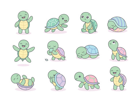 A collection of cute cartoon turtles in various poses and actions.
