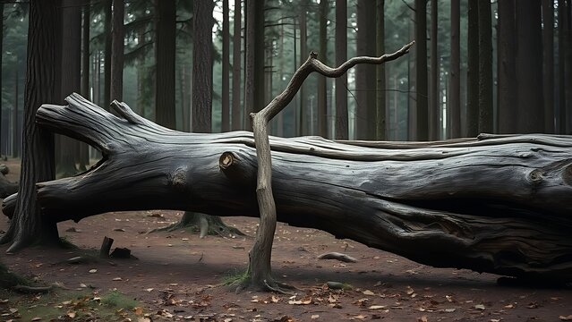 A large broken tree trunk lying across a bent smaller tree in a forest after a storm.
