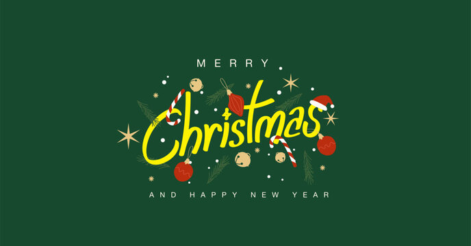 Merry Christmas holiday and Happy New Year greeting banner card typography with ornaments and festive on green background
