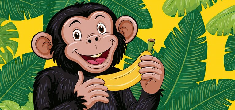 In a colorful, kid-friendly illustration, a joyful chimpanzee happily eats a banana.