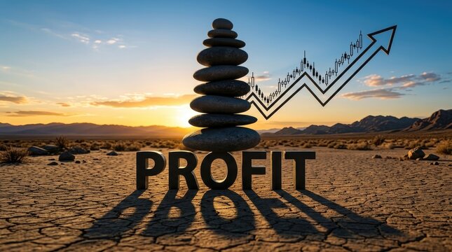 Balanced stack of dark river stones standing behind large bold letters spelling profit with a rising financial market graph shown against a bright golden sunset over a dry cracked desert