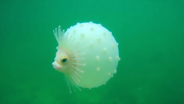 Pufferfish inflated in clear water with spherical body form.