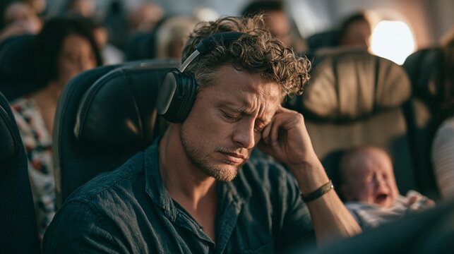 Stressed Male Airplane Passenger Wearing Headphones Next to Crying Baby During Flight