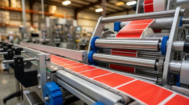 Industrial conveyor of a labeling machine with red stickers.