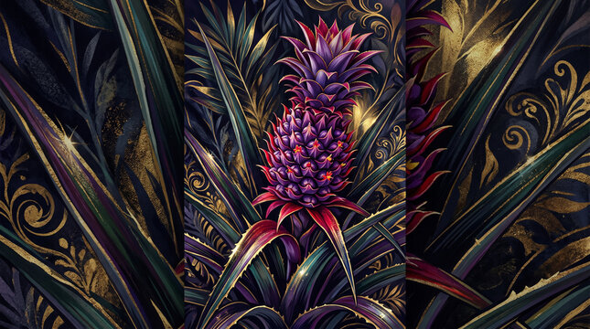 Exotic purple pineapple illustration featuring elegant golden filigree accents and lush dark tropical leaf botanical patterns