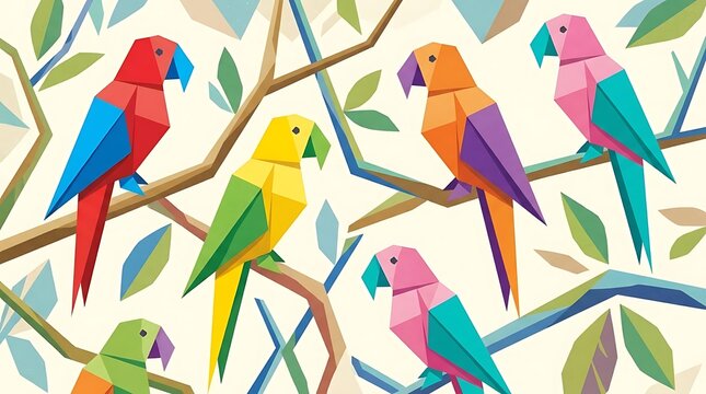 Colorful geometric parrot pattern with origami style design.