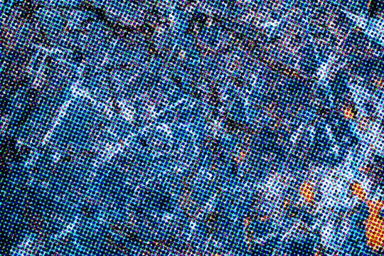 Textured digital graphic art featuring a dark blue and orange speckled halftone pattern with abstract organic lines and vintage aesthetic.