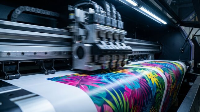 Industrial wide format printer printing a colorful picture on paper.