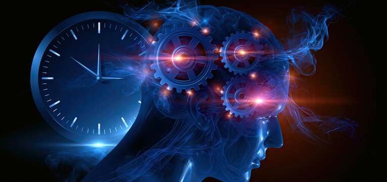 Human biological clock concept featuring illuminated gears and a brain outline representing circadian rhythm regulation.