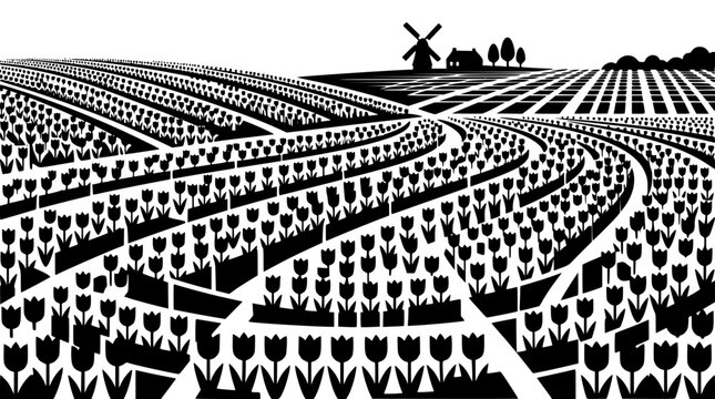 Black and white Dutch landscape with tulip fields and windmill