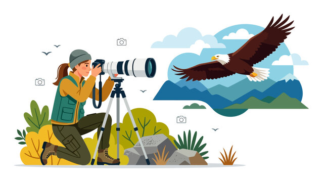Photographer capturing a majestic bald eagle in mountainous wilderness environment with depicts female photographer kneeling camera large telephoto lens