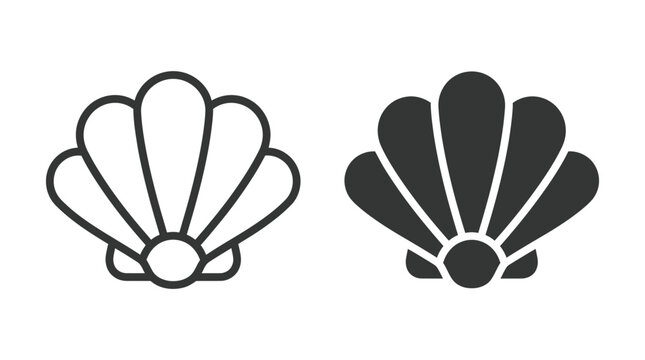 Seashell outline and solid black silhouette icons displayed in a clean simple flat vector style