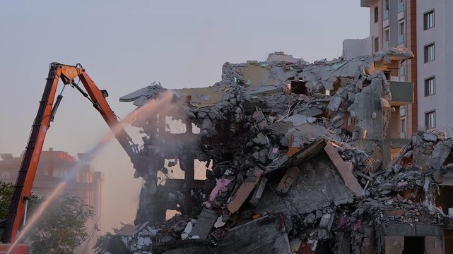Slow motion: demolition of building with water dust control. Excavator with hydraulic crusher is tearing down the old typical Turkish multi-storey apartment, residential building in Istanbul, Turkey