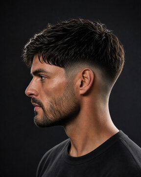 Modern skin fade (bald fade) haircut for men with a seamless fade to bare skin and a textured top. Stylish barber hairstyle for grooming, fashion, salon, and barbershop concepts.