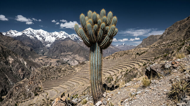 Majestic tall cactus standing prominently before ancient stone agricultural terraces with distant snowcapped mountain peaks scenery