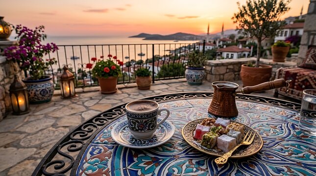Turkish Coffee and Delights on a Terrace Overlooking the Mediterranean at Sunset