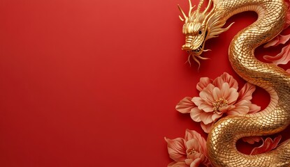 Fototapeta premium Golden Dragon Sculpture with Peony Flowers on Red Background.