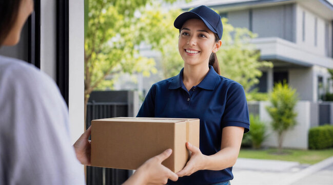 Female courier delivering cardboard package to customer at doorstep