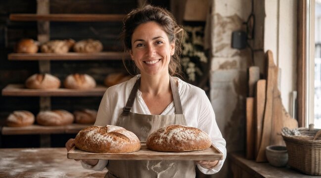 Portrait of smiling baker holding fresh bread loaves in rustic shop