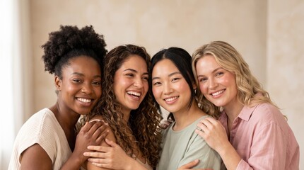 Obraz premium Four diverse female friends smiling together indoors, celebrating friendship, beauty, inclusion, and confidence
