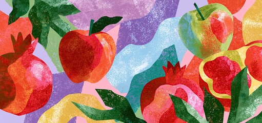 Obraz premium Jewish New Year card with artistic apples and pomegranates on a colorful abstract backdrop for holiday greetings.
