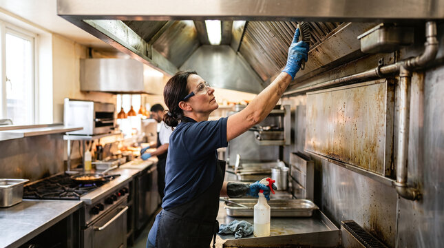 Professional female technician cleaning a commercial kitchen exhaust hood