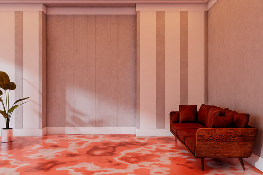 Modern contemporary waiting area interior hall with red sofa, abstract patterned floor, warm light, and elegant architectural design. 3D Rendering