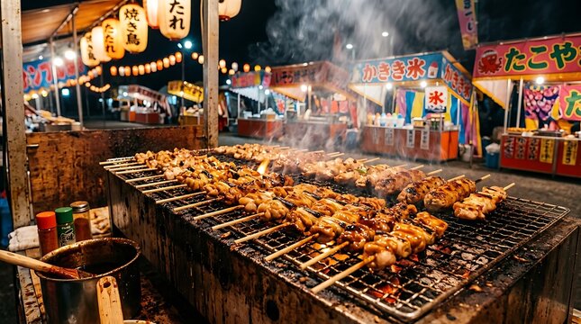 Japanese Yakitori Chicken Skewers Grilling at Night Festival Market