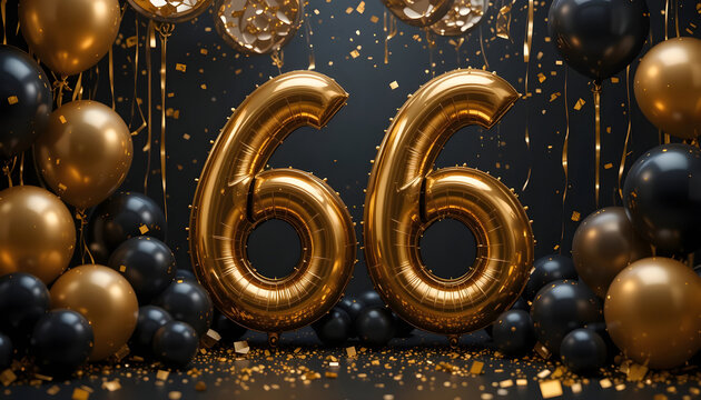 Golden balloon sixty six sign floating against dark background with confetti for birthday party.